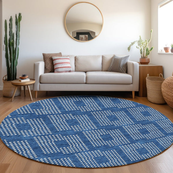 HomeRoots 8' Blue and Ivory Geometric Washable Round Rug – Durable, Stain-Resistant, UV-Protected for Modern Homes! 670691