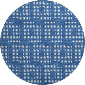 HomeRoots 8' Blue and Ivory Geometric Washable Round Rug – Durable, Stain-Resistant, UV-Protected for Modern Homes! 670691