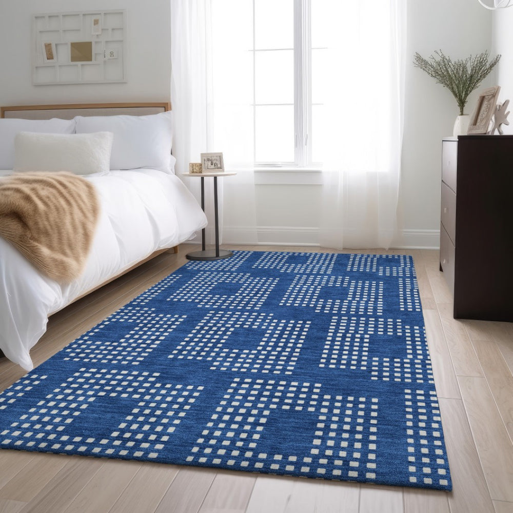 HomeRoots 10' Blue and Ivory Geometric Washable Area Rug – Durable, UV-Protected, Perfect for Busy Homes! 670694