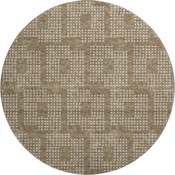 HomeRoots 8' Brown and Ivory Geometric Washable Round Rug - Durable, Stylish, UV-Protected for High-Traffic Areas 670697