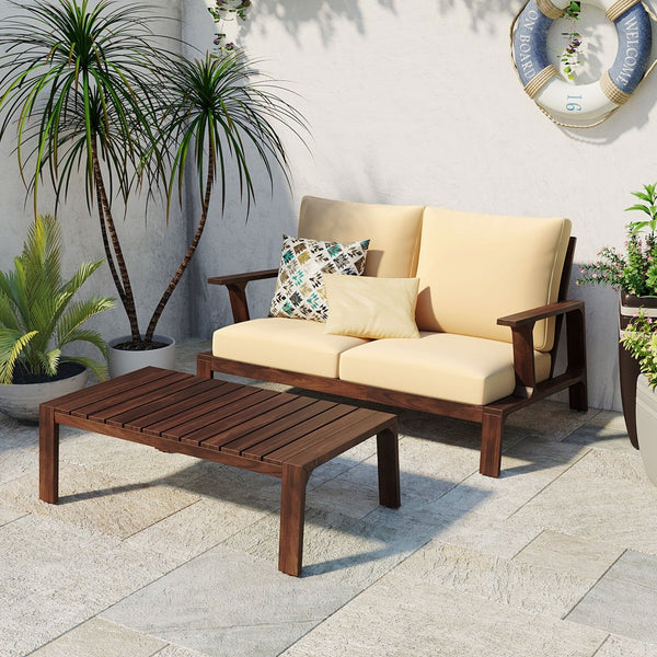 English Elm 2 Piece Acacia Wood Outdoor Sofa Set with Coffee Table and Weather Resistant Cushions Beige,Dark Brown N719P246159D