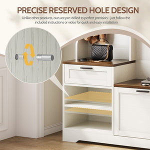 English Elm Hall Tree Entryway Organizer with Bench Seat Shoe Cabinet and Coat Hooks Mdf Farmhouse White+Walnut T5618P448218