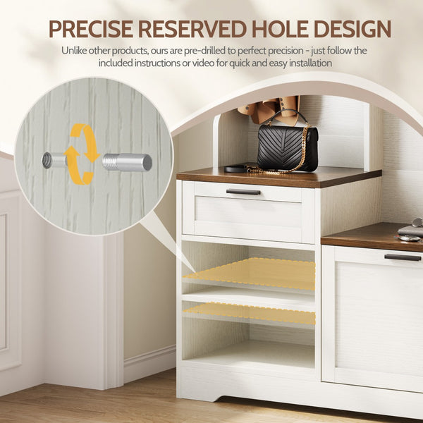 English Elm Hall Tree Entryway Organizer with Bench Seat Shoe Cabinet and Coat Hooks Mdf Farmhouse White+Walnut T5618P448218
