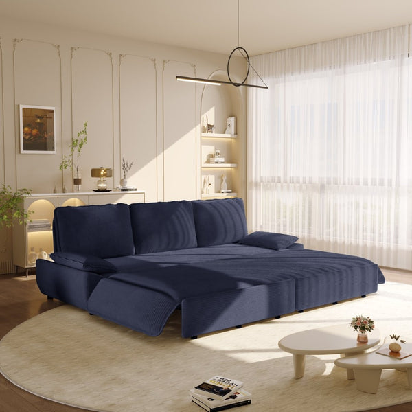 English Elm 94.5" King Convertible Sleeper Sofa Corduroy Upholstered Chaise Lounge Guest Room Bed Blue W1885S00310