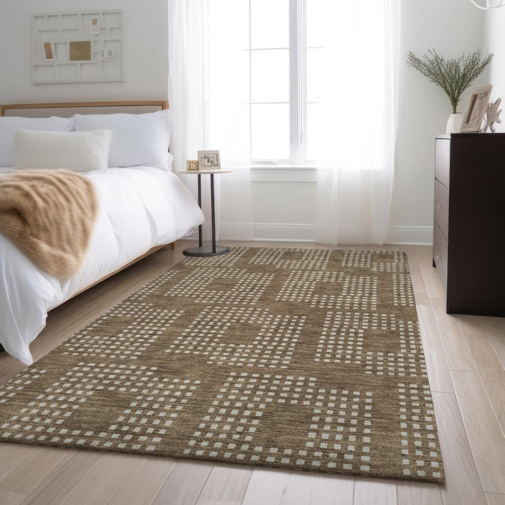 HomeRoots 10' Washable Brown & Ivory Geometric Area Rug – UV Protected, Durable, Stain-Resistant Design for Homes 670700