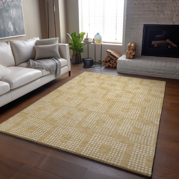 HomeRoots 8' X 10' Gold and Ivory Geometric Area Rug - Durable, Washable, Stain-Resistant, UV Protected Elegance 670704
