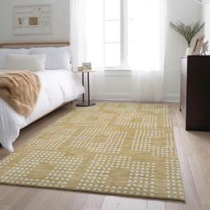 HomeRoots 9' X 12' Gold and Ivory Geometric Area Rug - Washable, UV Protected, Durable for High-Traffic Spaces 670705