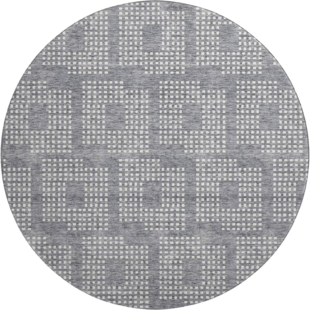 HomeRoots 8' Gray And Ivory Geometric Washable Round Rug – Durable, Stylish, UV-Protected for Modern Spaces! 670709