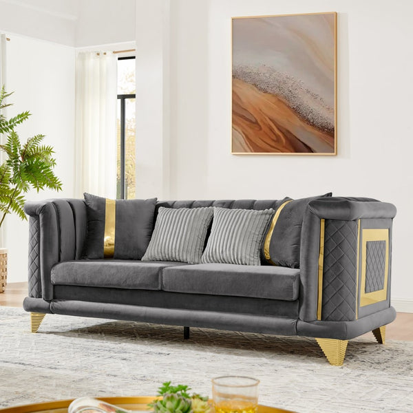 English Elm 2pcs Velvet Tufted Sofa Set with Gold Steel Trim Victorian Glam Living Room W1191S00105