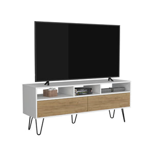 English Elm Tv Stand - Modern White Design With 3 Open Shelves, 2 Drop-Down Doors & 5 Sleek Metal Legs B097P296856-GIGA