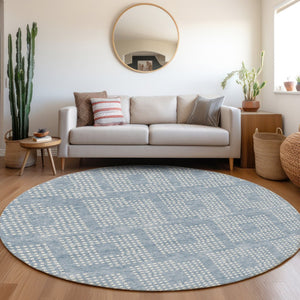 HomeRoots 8' Sky Blue & Ivory Geometric Round Rug - Washable, UV-Protected, Stylish for Busy Homes & Pets 670739