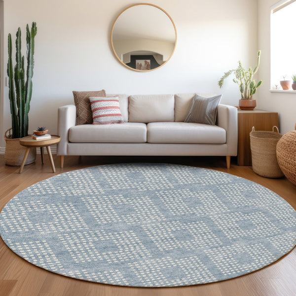 HomeRoots 8' Sky Blue & Ivory Geometric Round Rug - Washable, UV-Protected, Stylish for Busy Homes & Pets 670739