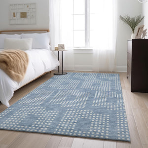 HomeRoots 8' X 10' Sky Blue Geometric Area Rug - Washable, UV Protected & Stain Resistant for Easy Care! 670740