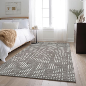 HomeRoots 10' X 14' Taupe & Ivory Geometric Area Rug - Stylish, Washable, UV-Protected for Family Spaces 670748