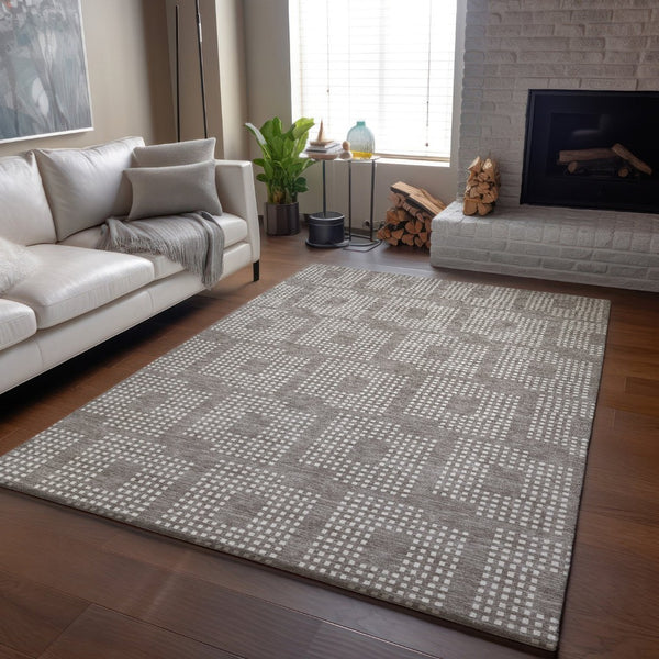 HomeRoots 10' X 14' Taupe & Ivory Geometric Area Rug - Stylish, Washable, UV-Protected for Family Spaces 670748