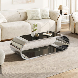 English Elm 57" Oval Silver Stainless Coffee Table with Black Tempered Glass, 2-Tier Storage, Modern Durable Design W3456S00029
