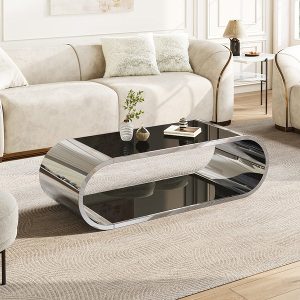 English Elm 57" Oval Silver Stainless Coffee Table with Black Tempered Glass, 2-Tier Storage, Modern Durable Design W3456S00029
