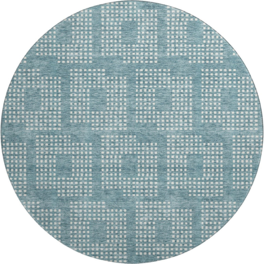 HomeRoots 8' Teal and Ivory Geometric Round Washable Rug with UV Protection for Stylish, Durable Living Spaces 670751