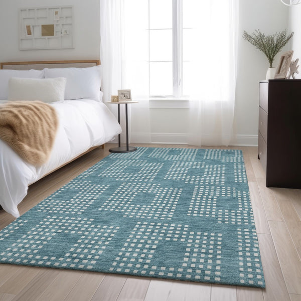 HomeRoots 10' X 14' Teal and Ivory Geometric Area Rug – Washable, UV Protected, Stylish for High-Traffic Spaces 670754