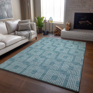 HomeRoots 10' X 14' Teal and Ivory Geometric Area Rug – Washable, UV Protected, Stylish for High-Traffic Spaces 670754