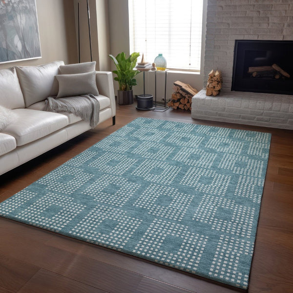 HomeRoots 10' X 14' Teal and Ivory Geometric Area Rug – Washable, UV Protected, Stylish for High-Traffic Spaces 670754
