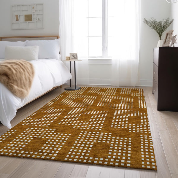 HomeRoots 10' X 14' Stylish Terra Cotta & Ivory Geometric Area Rug – Washable, UV Protected for Busy Spaces 670760