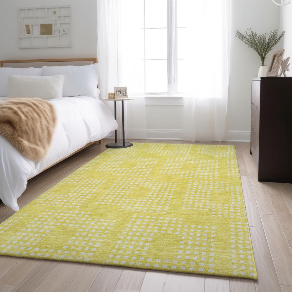 HomeRoots 9' X 12' Yellow Geometric Washable Area Rug - Stylish, Durable, UV-Protected for Family Homes! 670765