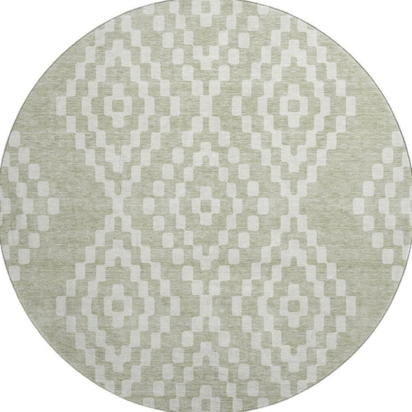 HomeRoots 8' Artichoke Green & Ivory Geometric Washable Round Rug - Durable, UV Protected, Stain Resistant Design 670769