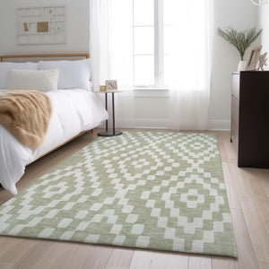 HomeRoots 8' X 10' Artichoke Green Geometric Area Rug - Washable, UV-Protected, Stylish & Durable for Homes 670770