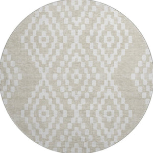 HomeRoots 8' Durable Beige and Ivory Geometric Round Rug - Washable, UV Protected, Perfect for High-Traffic Areas 670775
