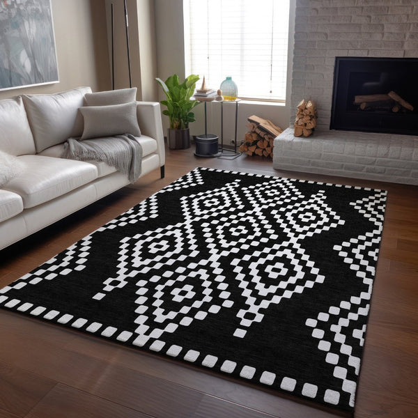 HomeRoots 9' X 12' Modern Black and Ivory Geometric Washable Area Rug with Stain Resistance & UV Protection 670783