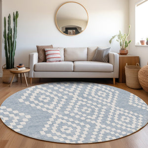 HomeRoots 8' Denim Blue and Ivory Geometric Round Rug – Stylish, Washable, UV-Protected for All Spaces! 670787