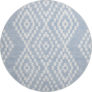 HomeRoots 8' Denim Blue and Ivory Geometric Round Rug – Stylish, Washable, UV-Protected for All Spaces! 670787