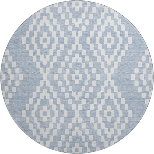 HomeRoots 8' Denim Blue and Ivory Geometric Round Rug – Stylish, Washable, UV-Protected for All Spaces! 670787