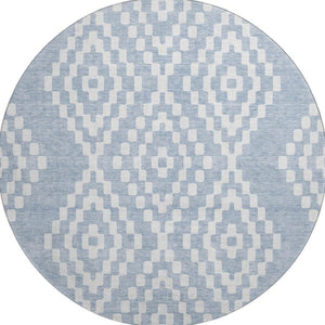 HomeRoots 8' Denim Blue and Ivory Geometric Round Rug – Stylish, Washable, UV-Protected for All Spaces! 670787