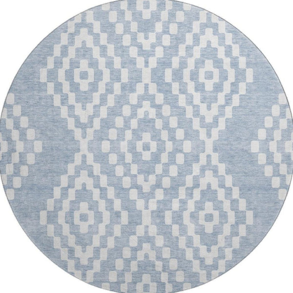 HomeRoots 8' Denim Blue and Ivory Geometric Round Rug – Stylish, Washable, UV-Protected for All Spaces! 670787