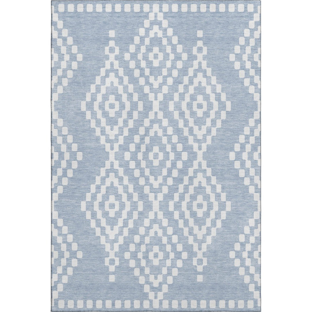 HomeRoots 9' X 12' Denim Blue & Ivory Geometric Area Rug - Washable, Stain Resistant, UV Protected for Modern Homes 670789