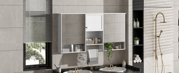 English Elm 55 Inch Wall Mount Medicine Cabinet Dual Mirrored Doors Soft Close Bathroom Vanity Storage N710P401336K