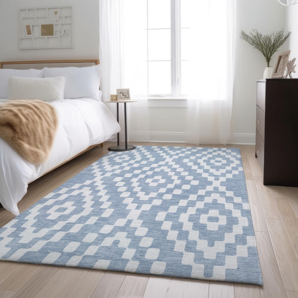 HomeRoots 10' Denim Blue & Ivory Geometric Washable Area Rug - Stain Resistant, UV Protected for High Traffic Areas 670790