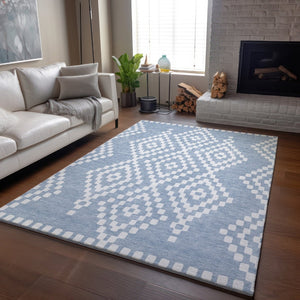 HomeRoots 10' Denim Blue & Ivory Geometric Washable Area Rug - Stain Resistant, UV Protected for High Traffic Areas 670790