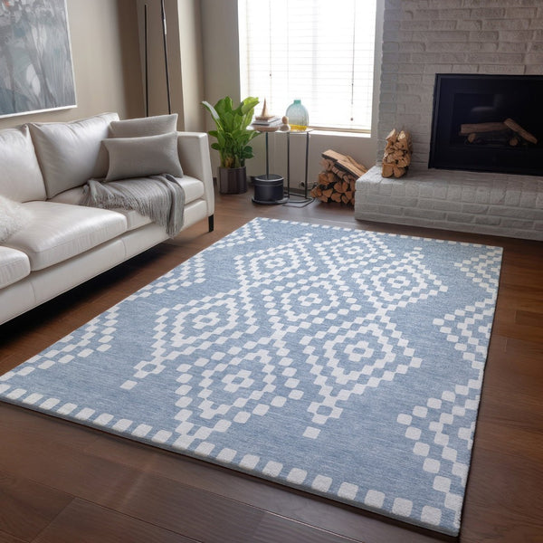 HomeRoots 10' Denim Blue & Ivory Geometric Washable Area Rug - Stain Resistant, UV Protected for High Traffic Areas 670790