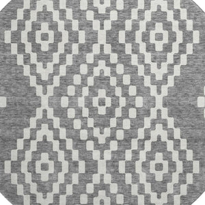 HomeRoots 8' Gray and Ivory Geometric Round Rug – Washable, UV Protected, Perfect for High-Traffic Spaces! 670793