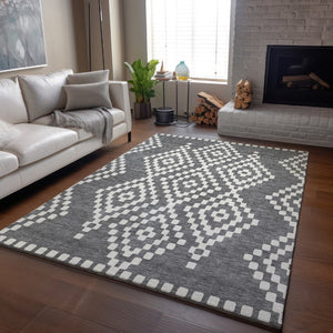 HomeRoots 9' X 12' Gray And Ivory Geometric Area Rug – Durable, Washable, UV-Protected for Family Homes 670795
