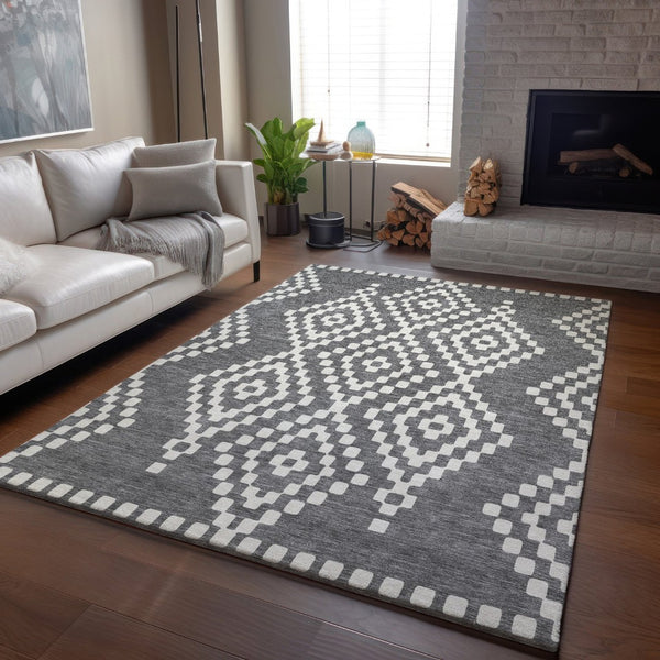 HomeRoots 9' X 12' Gray And Ivory Geometric Area Rug – Durable, Washable, UV-Protected for Family Homes 670795