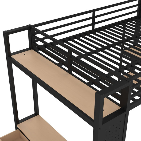 English Elm Queen Loft Bed Frame With Wardrobe & Shelves - Modern Metal Design For Space-Saving Storage & Work W1580S00233-GIGA