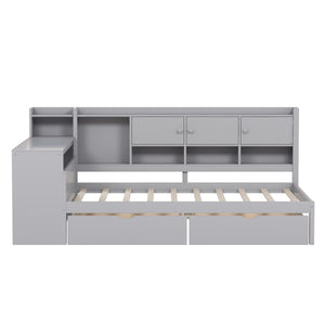 English Elm Full Full Size Daybed with Storage: L-Shape Wooden Frame, 3 Cabinets 2 Drawers, Desk & Bookshelf Gray N733S247077E