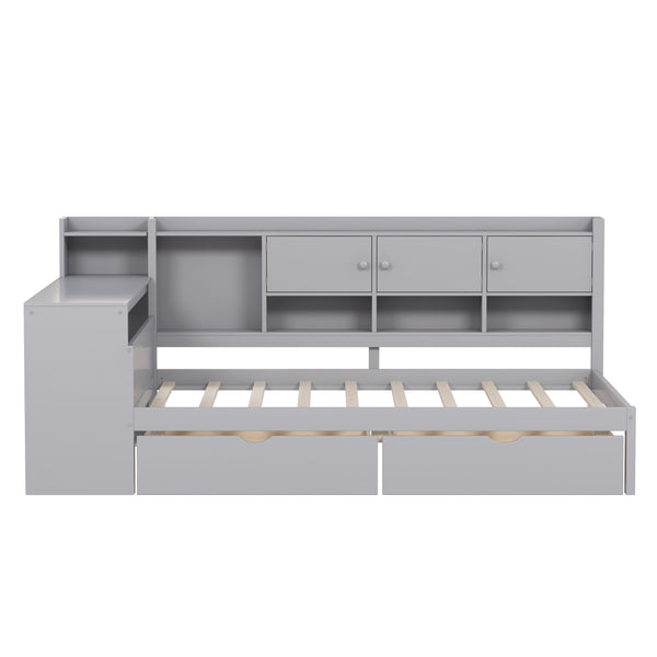 English Elm Full Full Size Daybed with Storage: L-Shape Wooden Frame, 3 Cabinets 2 Drawers, Desk & Bookshelf Gray N733S247077E