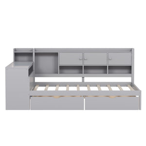English Elm Full Size L-shaped Daybed with Built-in Desk Bookshelf and Storage for Small Spaces N733S351674E