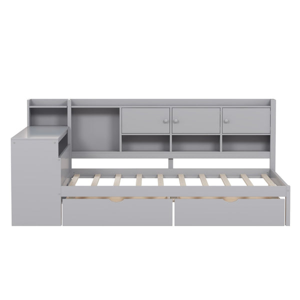 English Elm Full Size L-shaped Daybed with Built-in Desk Bookshelf and Storage for Small Spaces N733S351674E