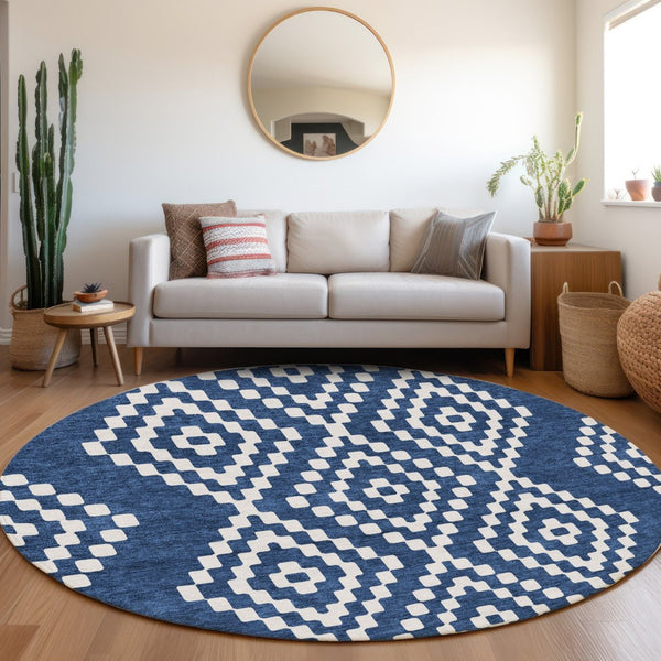 HomeRoots 8' Navy Blue & Ivory Geometric Washable Round Rug - Durable, UV-Protected, Modern Decor Essential 670805